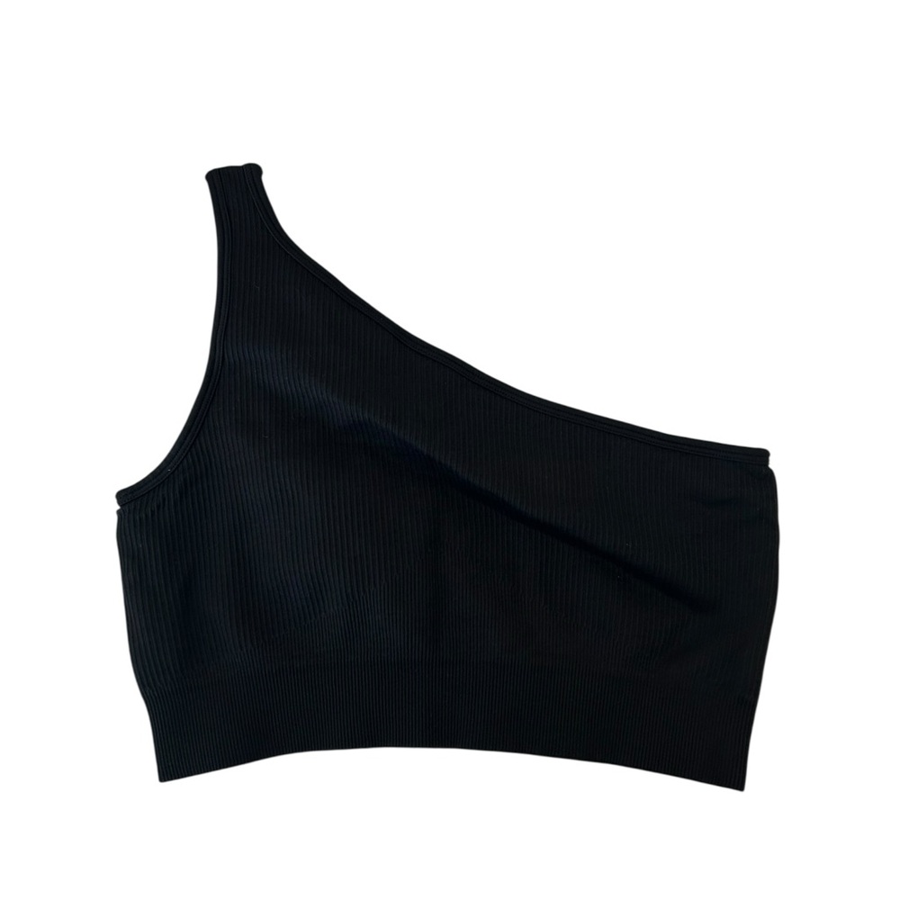 Black One-Shoulder Ribbed Sports Bra Size Medium